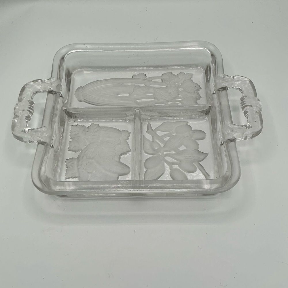 MCM Intaglio 1940's Vintage Clear & Frosted Glass Serving Divided Tray Handles